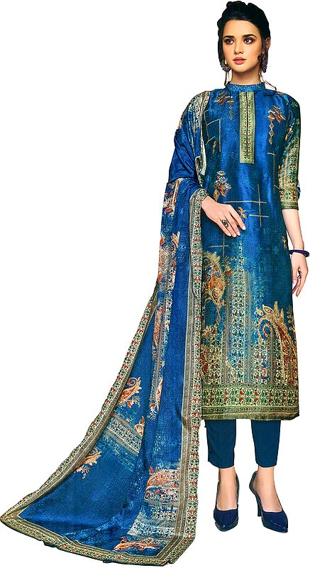 Swedish-Blue Digital-Printed Trouser Salwar Suit with Embroidered Bootis All-Over