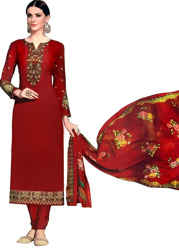 Bittersweet-Red Long Choodidaar Salwar Kameez Suit with Floral Embroidery and Printed Chiffon Dupatta