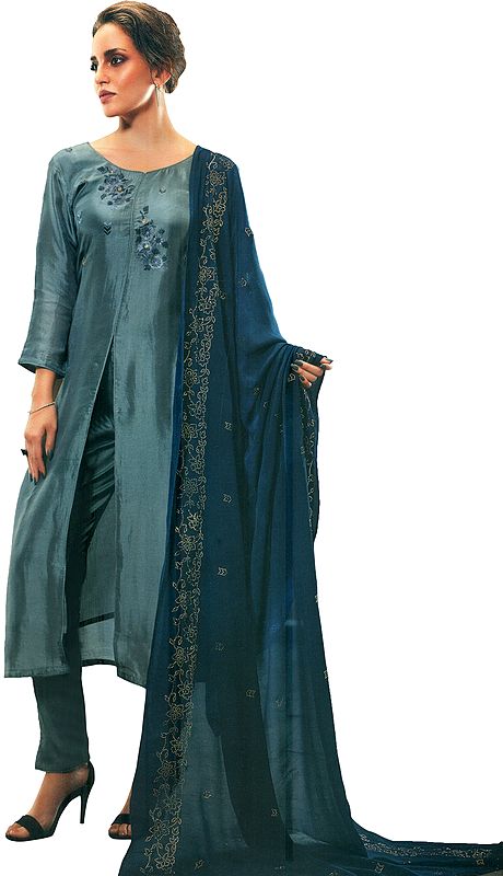 Griffin Plain Jacket-Style Salwar Kameez Suit with Aari-Embroidered Bootis and Blue Chiffon Dupatta