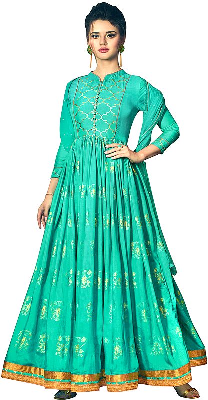 Pool-Green Designer Floor-Length A-Line Suit with Printed Golden Bootis and Zari Embroidered Border