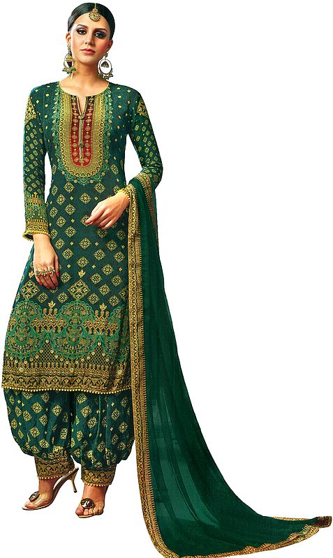 Jasper-Green Printed Patiala Salwar Kameez Suit with Embellished Crystals and Beads