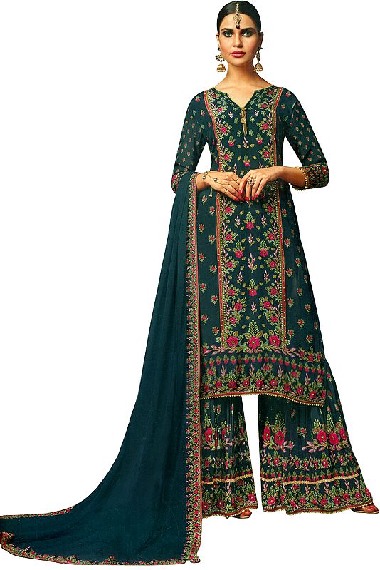 Mood-Indigo Printed Pakistani Sharara-Kameez Suit with Embellished Crystals and Beads