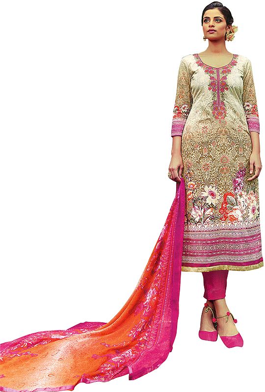 Bleached-Sand Digital-Printed Salwar Kameez Suit with Aari-Embroidery and Chiffon Dupatta