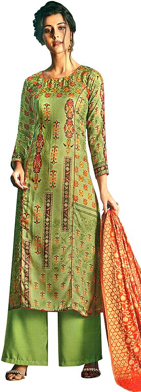 Lily-Green Long Palazzo Warm Salwar Suit with Printed Multicolor Motifs and Crystals
