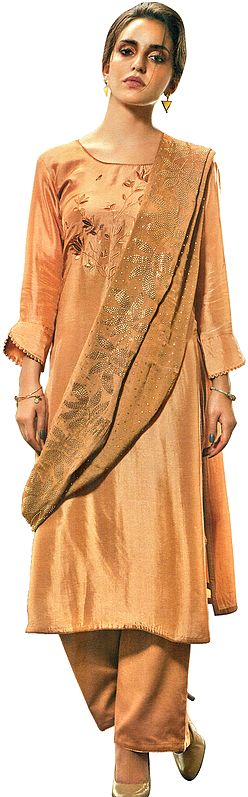Gold-Earth Salwar Kameez Suit with Aari-Embroidered Bootis and Crystals Embellished Dupatta