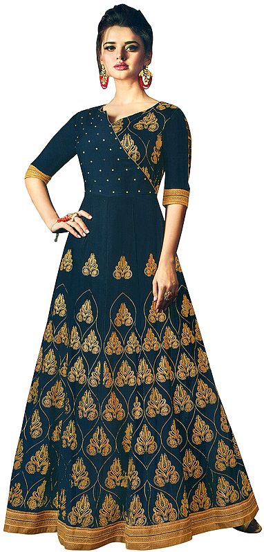 Blue-Lights Designer Floor-Length A-Line Suit with Printed Golden Bootis and Beads