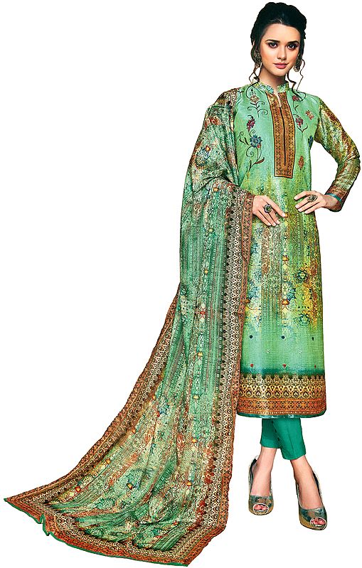 Spring-Bud Digital-Printed Trouser Salwar Suit with Aari-Embroidered Florals