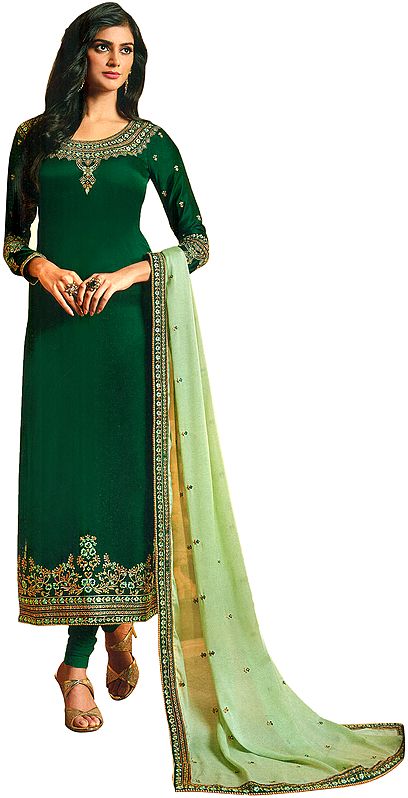 Bistro-Green Long Choodidaar Plain Salwar Kameez Suit with Zari-Embroidery and Chiffon Dupatta