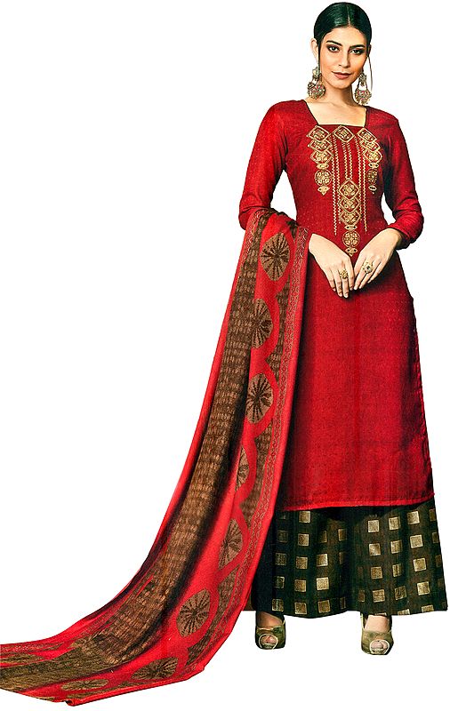 Mineral-Red Printed Palazzo Salwar Kameez Suit with Aari-Embroidered Bootis on Neck