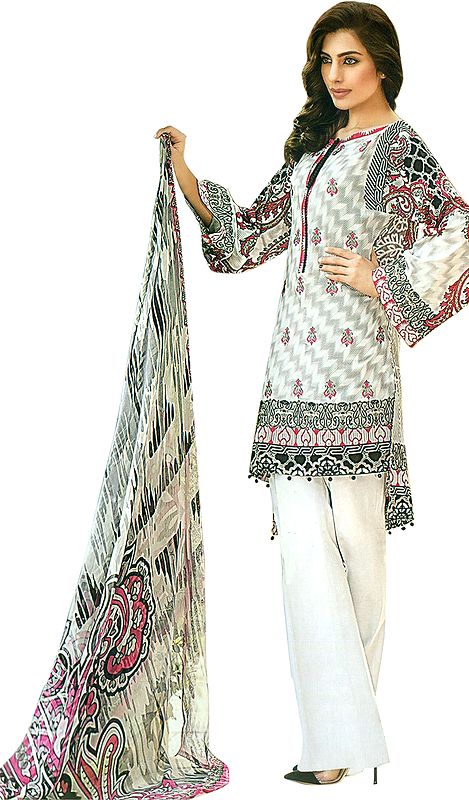 Lily-White Digital-Printed Palazzo Salwar Kameez Suit with Chiffon Dupatta