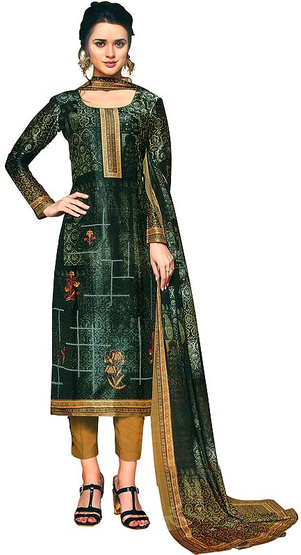 Deep-Forest Digital-Printed Trouser Salwar Suit with Chiffon Dupatta