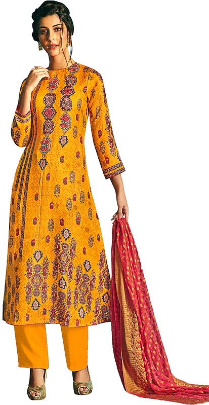 Artisan's-Gold Long Palazzo Salwar Suit with Printed Multicolor Motifs and Crystals