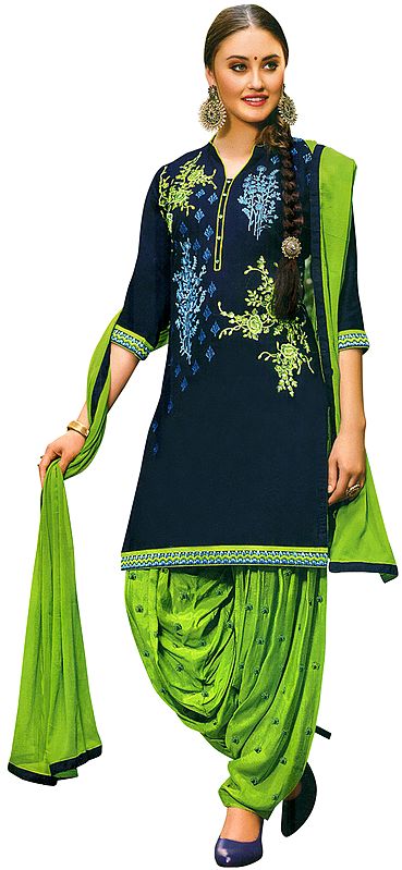 Patriot-Blue and Green Patiala Salwar Kameez Suit with Embroidered Florals and Chiffon Dupatta
