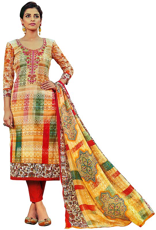 Double-Cream Printed Salwar Kameez Suit with Aari-Embroidered Flowers on Neck