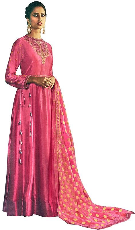 Confetti Floor-Length A-Line Suit with Floral Aari Embroidery and Printed Dupatta