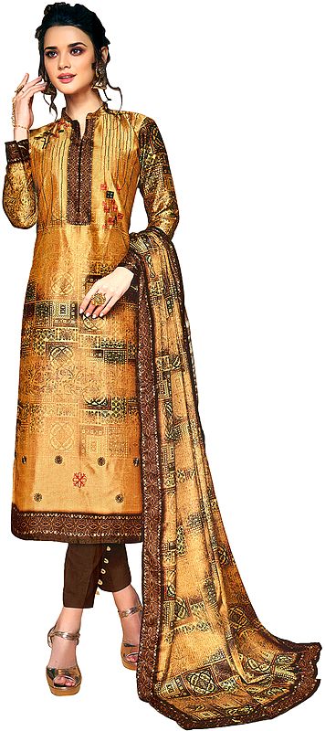 Honey-Yellow Digital-Printed Trouser Salwar Suit with Aari-Embroidery