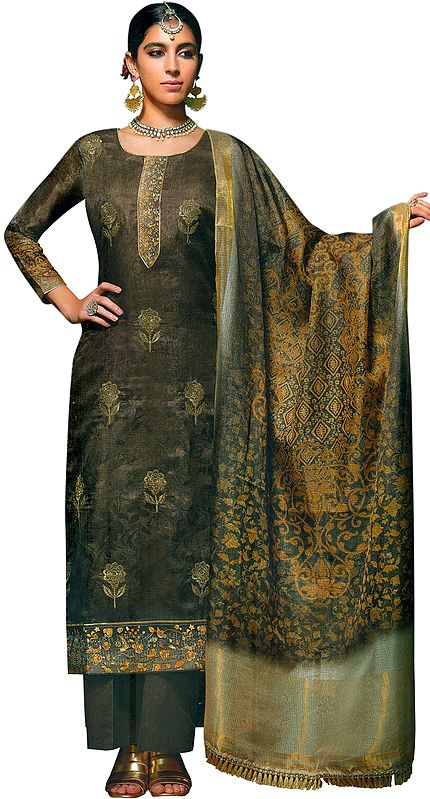 Pine-Bark Long Parallel Salwar Kameez Suit with Zari-Embroidery