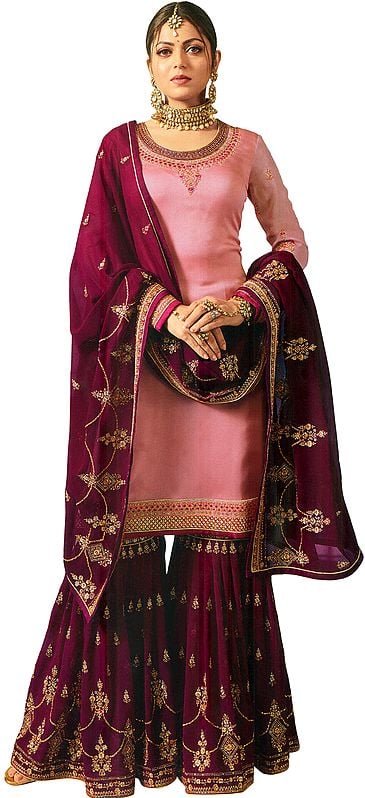 Mellow-Rose Drashti Zari-Embroidered Sharara Kameez Suit With Embellished Crystals