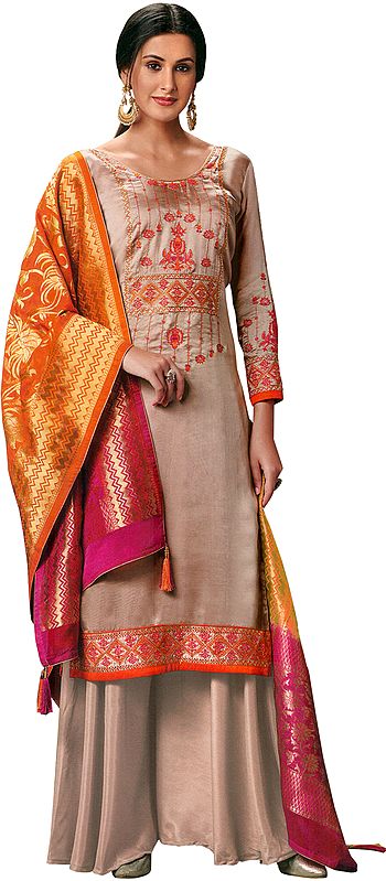 Mahogany-Rose Flared-Palazzo Suit with Floral Embroidery and Brocaded Dupatta