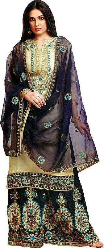 Agate-Gray Palazzo Salwar Kameez Suit with Heavy Embroidery and Blue Net Dupatta