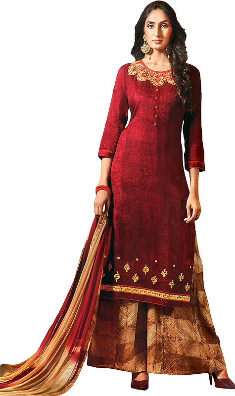 Chili-Pepper Long Salwar Kameez Suit with Embroidered Florals and Chiffon Dupatta