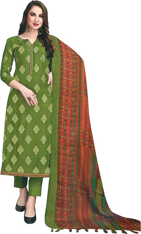 Calla-Green Trouser Salwar Kameez Suit with Printed Motifs and Zari-Embroidery
