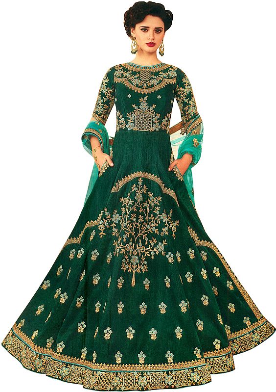 Bay-Berry Green Floor-length Anarkali Suit with Zari-Embroidery All-Over and Net Dupatta