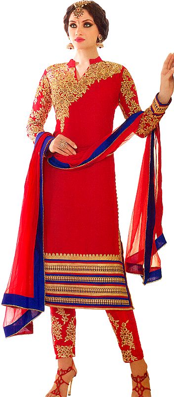 Flame-Scarlet Trouser Kameez Suit with Floral Embroidery and Embellished Crystals
