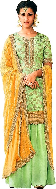 Pastel-Green Flared-Palazzo Salwar Kameez Suit with Zari-Woven Florals and Motifs