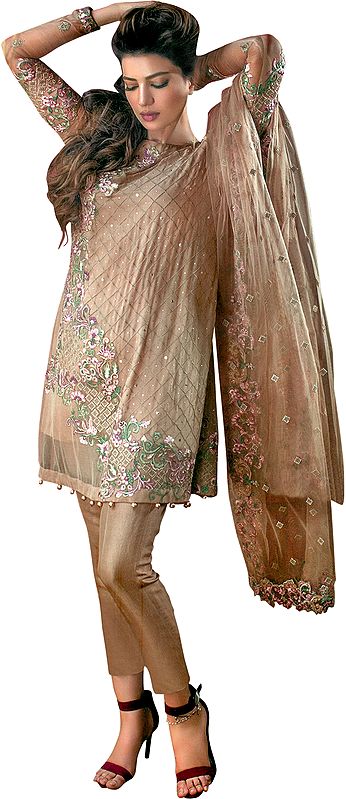 CobbleStone Trouser Salwar Suit with Aari Embroidery and Net Dupatta