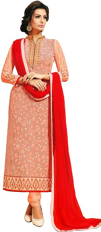 Pale-Blush Long Choodidaar Kameez Suit with Floral Lining and Zari-Embroidered Bootis
