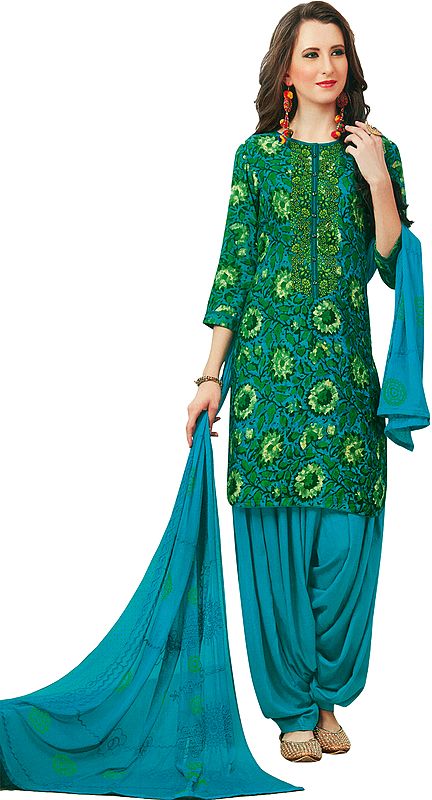 Hawaiian-Ocean Floral Printed Patiala Salwar Suit with Embroidery on Neck and Chiffon Dupatta