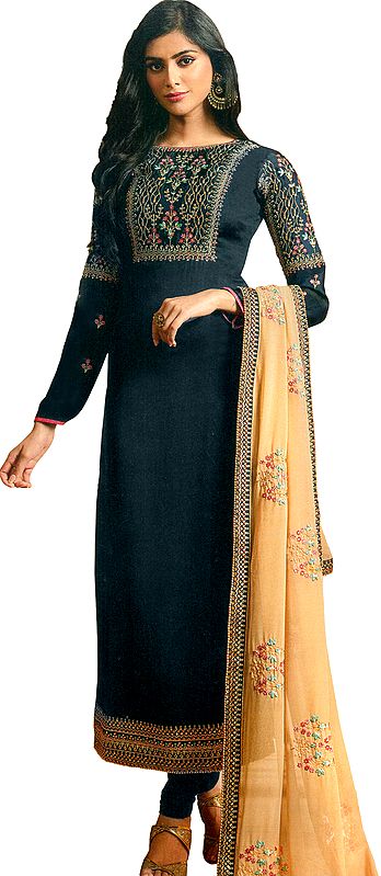 Midnight-Blue Long Choodidaar Plain Salwar Suit with Zari-Embroidery and Chiffon Dupatta