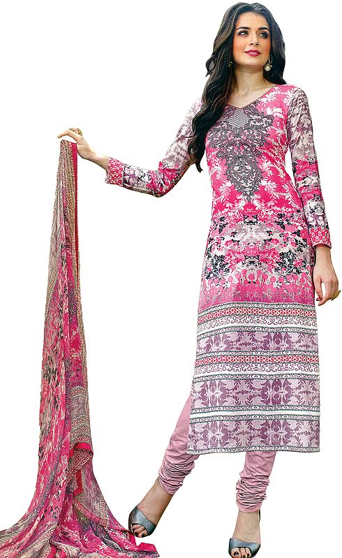 Ibis-Rose Printed Choodidaar Salwar Suit with Chiffon Dupatta