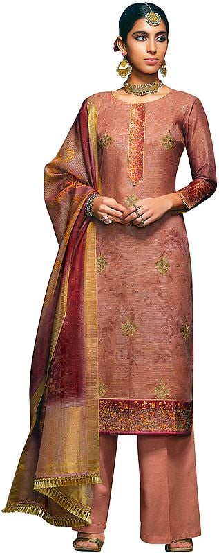 Dusky-Pink Long Palazzo Salwar Kameez Suit with Zari-Embroidery