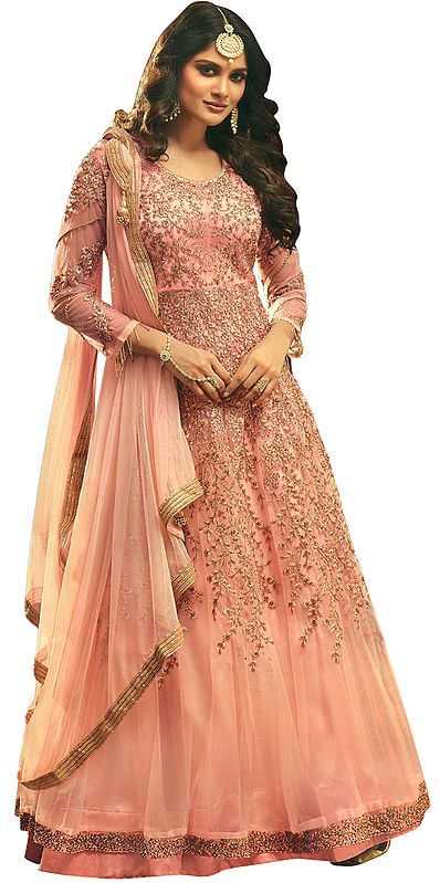 Seashell Pink Floor-Length Anarkali Salwaar Kameez Suit with Heavy Embroidery and Studded Beads