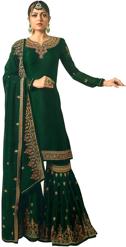 Trekking Green Drashti Sharara Salwaar Kameez Suit with Zari-Embroidery and Embellished Crystals