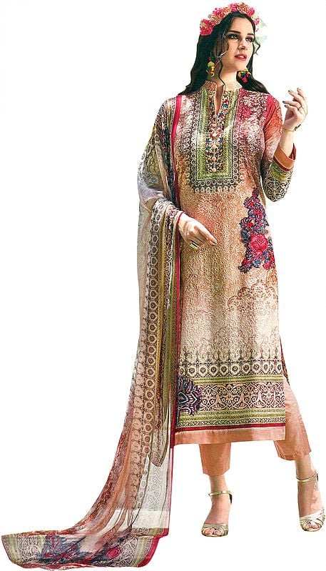 Dusty Coral Floral Printed Trouser Salwaar Kameez Suit with Embroidery All-Over and Chiffon Dupatta