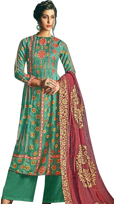 Agate-Green Printed Palazzo Salwaar kameez Suit with Embellished Crystals and Red Dupatta