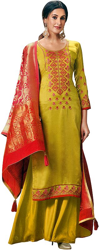 Empire-Yellow Flared Palazzo Salwaar Kameez Suit with Floral Embroidery and Zari-Broacded Dupatta
