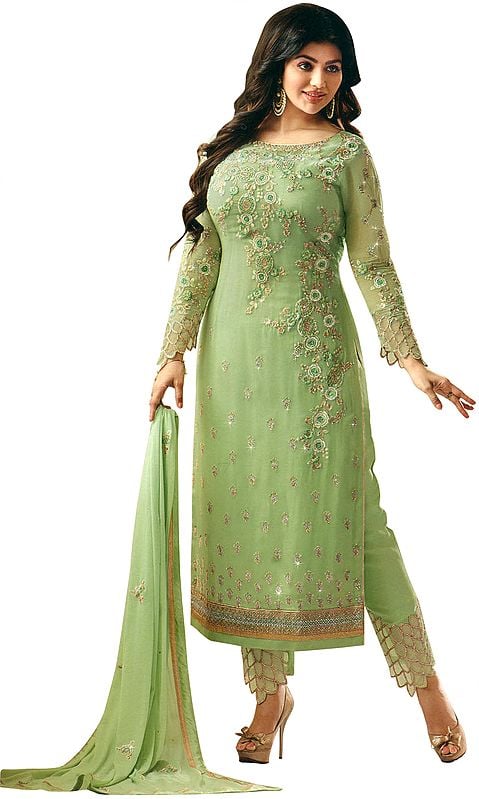 Arcadian-Green Ayesha Trouser Salwaar Kameez Suit with Zari-Embroidered Florals and Embellished Crystals