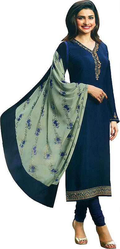 Insignia-Blue Prachi Long Choodidaar Salwaar Kameez Suit with Zari-Embroidery and Chiffon Dupatta