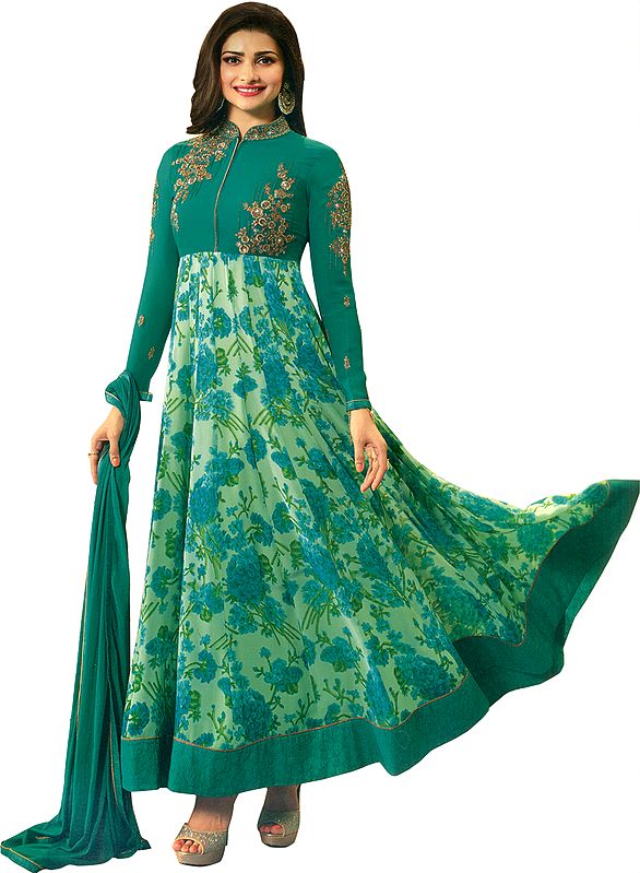Viridian-Green Prachi Floral Printed Anarkali Suit with Zari-Embroidery and Embellished Crystals
