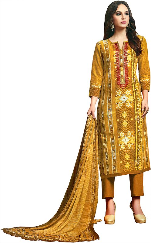 Honey-Gold Trouser Salwaar Kameez Suit with Aari-Embroidery and Chiffon Dupatta