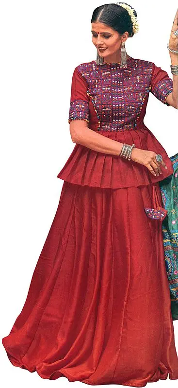 Rococco-Red Lehenga Choli from Gujarat with Embroidered Peacocks and Mirrors