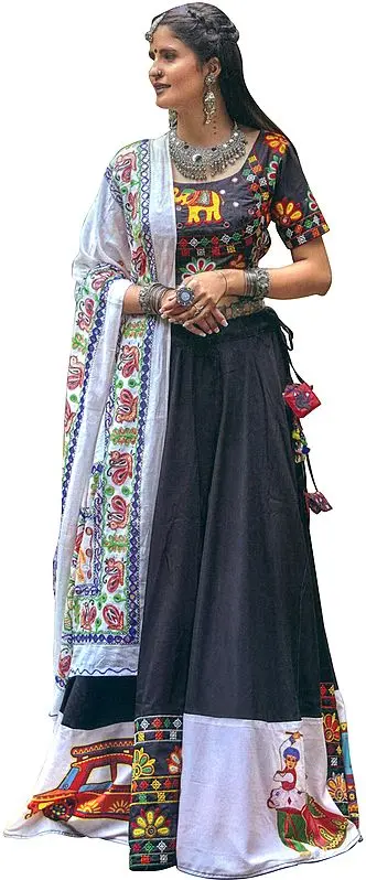White and Black Lehenga Choli from Gujarat with Embroidered Elephants and  Printed Village Folks
