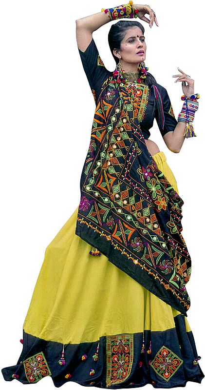 Celery and Black Garba Lehenga Choli from Gujarat with Floral Hand-Embroidery and Mirrors