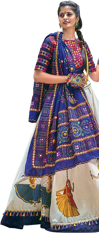 Design Blue and White Lehenga Choli from Gujarat with Embroidered Motifs and Dancing Village Girls