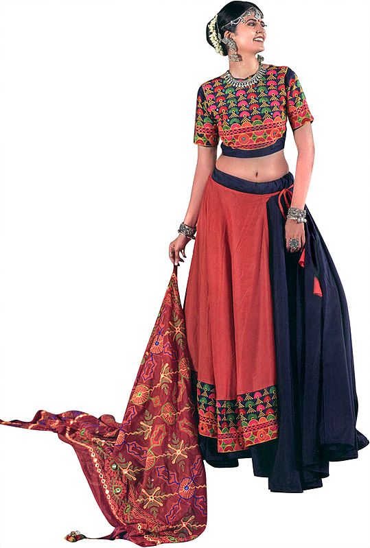 Insignia Blue and  Dubarry Lehenga Choli from Gujarat with Multicolor Embroidery and Mirrors