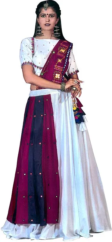 Magenta and White Lehenga Choli from Gujarat with Hand Embroidery and Studded Mirrors